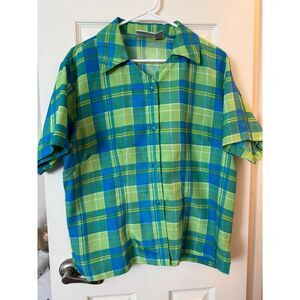 Vintage 70s Plaid Wide Collar Shirt Women‎ XL Retro Blue & Green Button-Down Top
